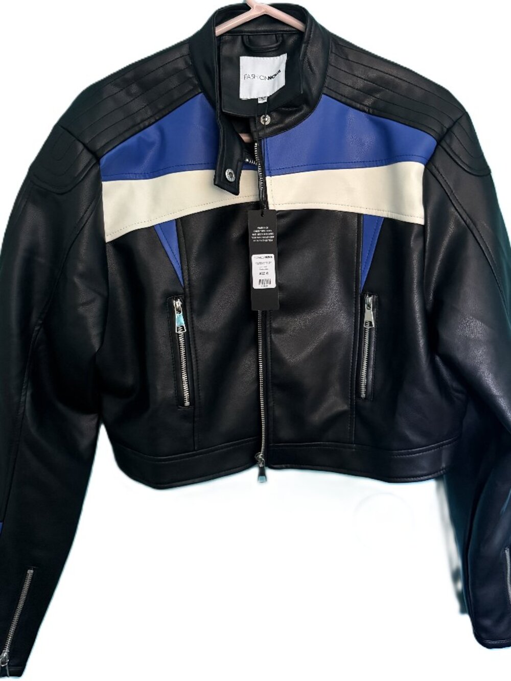 ✨Fashion Nova Sasha Faux Leather Moto Biker Jacket - Royal Blue/Cream✨
